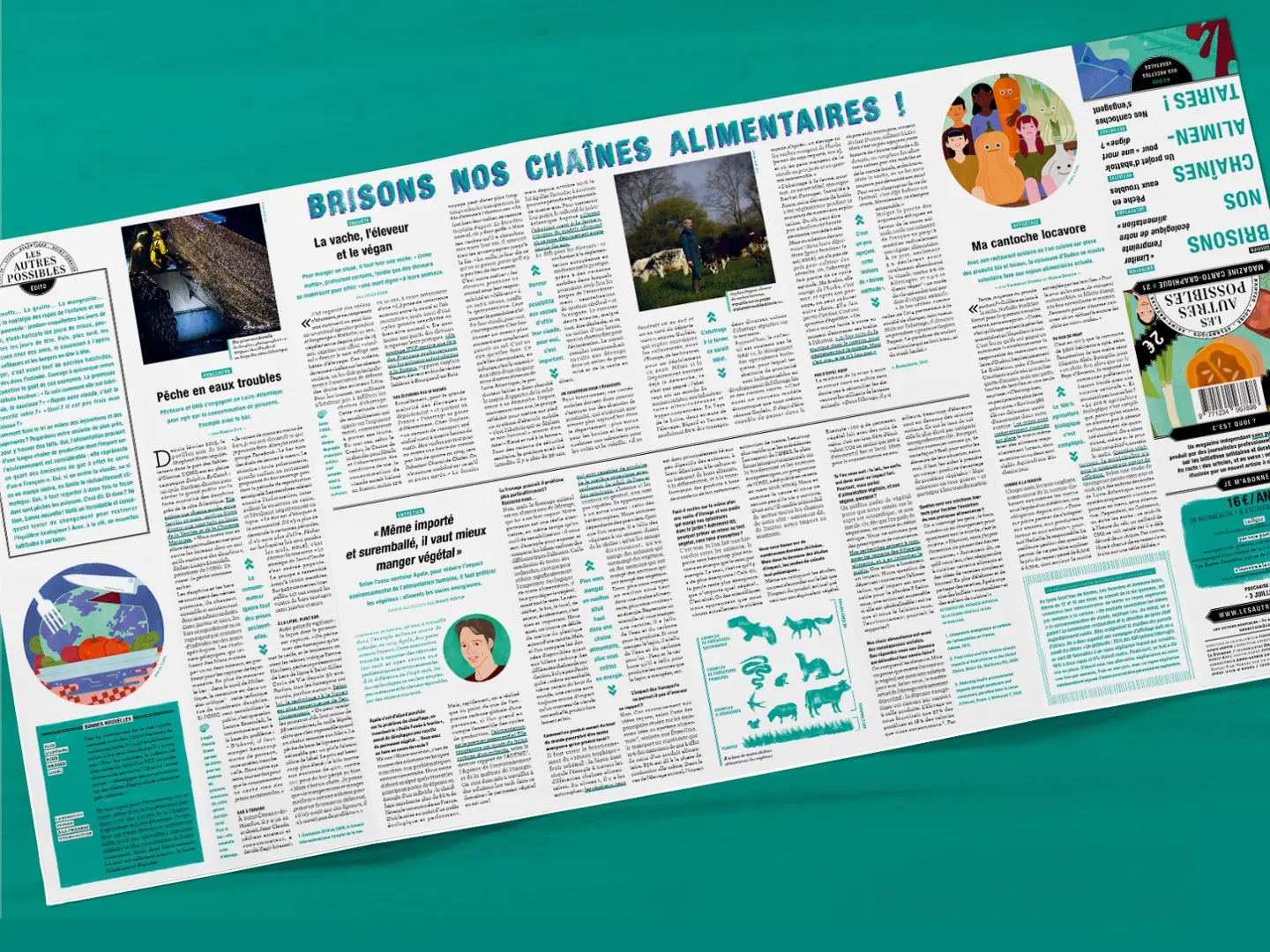Page d'un magazine en français titrée "Brisons nos chaînes alimentaires !" avec plusieurs articles et illustrations sur l'alimentation durable et l'élevage.