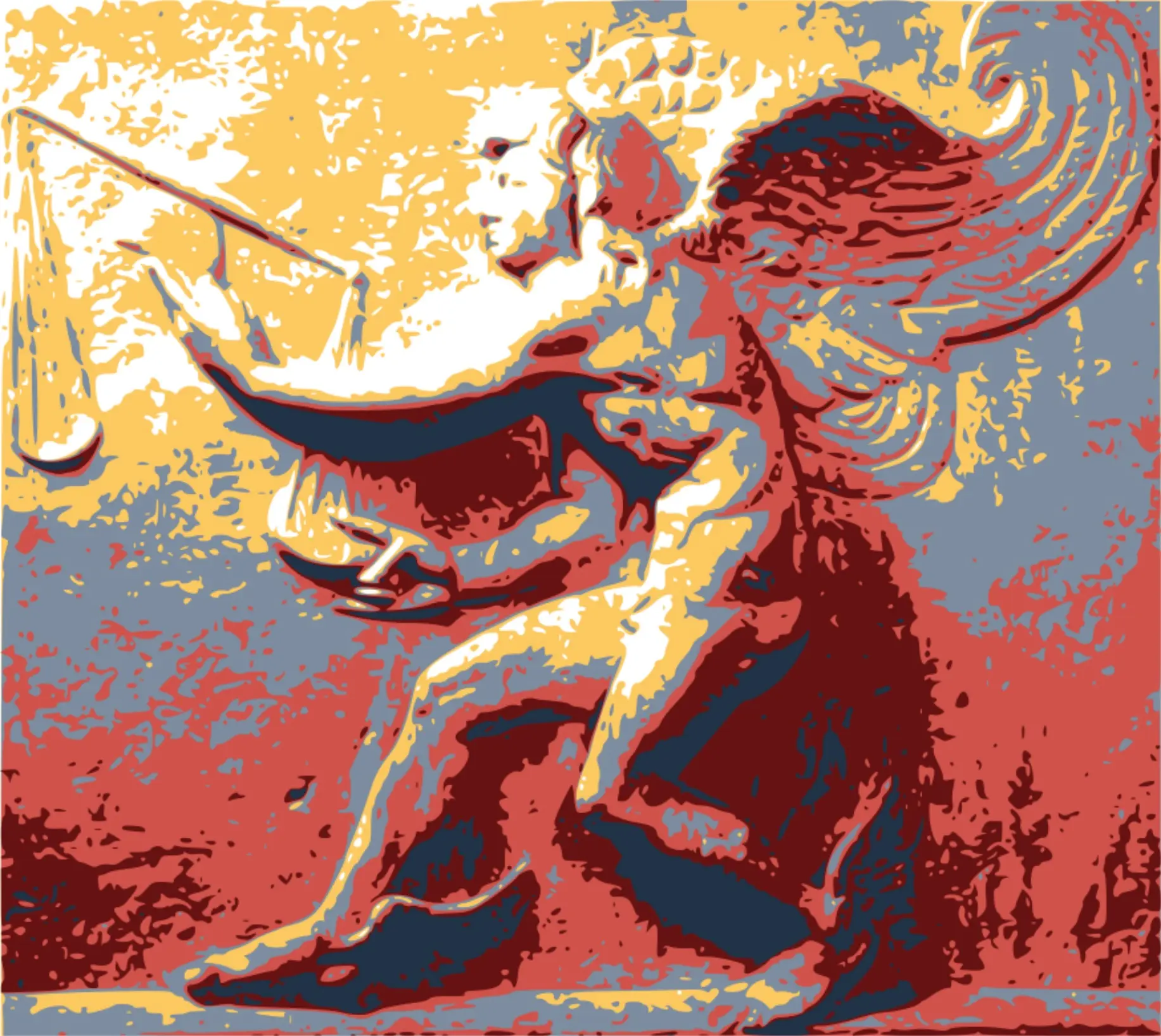 Illustration stylisée d'une figure ailée tenant une balance, symbole de justice, aux couleurs chaudes et contrastées.