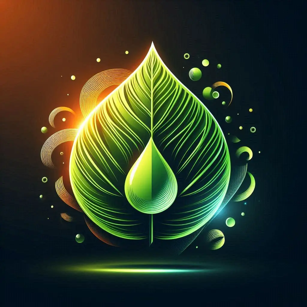 Feuille verte stylisée avec une goutte d'eau lumineuse au centre, entourée de motifs circulaires colorés.
