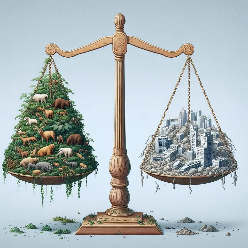 Balance en bois avec d'un côté une scène naturelle avec des animaux et des arbres, de l'autre une ville urbaine en béton et bâtiments, illustrant un contraste environnemental.